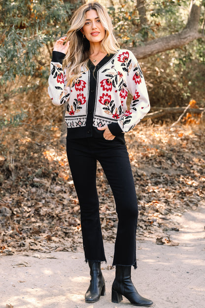 Beige Floral Print Buttoned Front V Neck Knit Cardigan