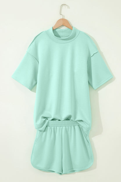 Moonlight Jade Solid Color Exposed Seam Mock Neck Oversize Tee Casual Shorts 2pcs Outfit - Snoopy's Closet
