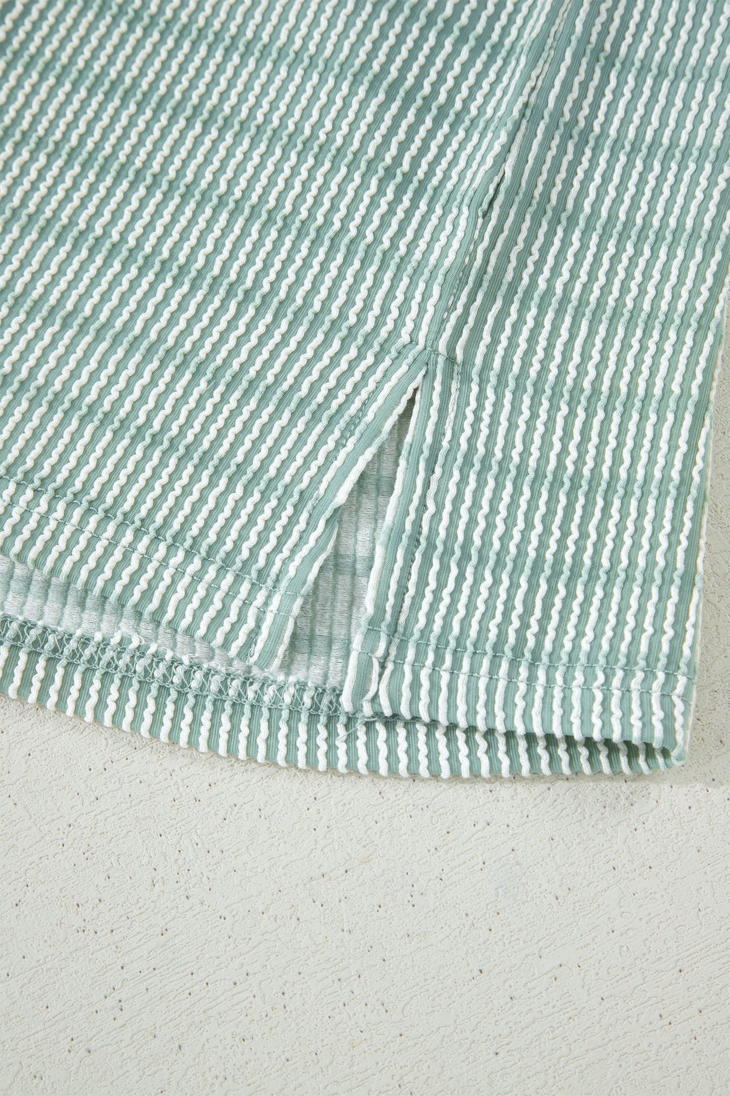 Green Stripe Raised Rib Loose Tee Drawstring Elastic Waist 2pcs Short Set
