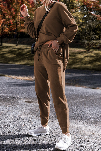Coffee Solid Color High Low Pullover and Skinny Pants Set - Snoopy's Closet