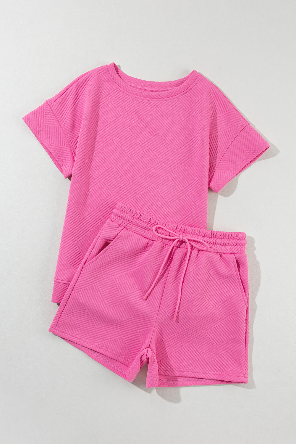 Strawberry Pink 2pcs Solid Textured Drawstring Shorts Set - Snoopy's Closet