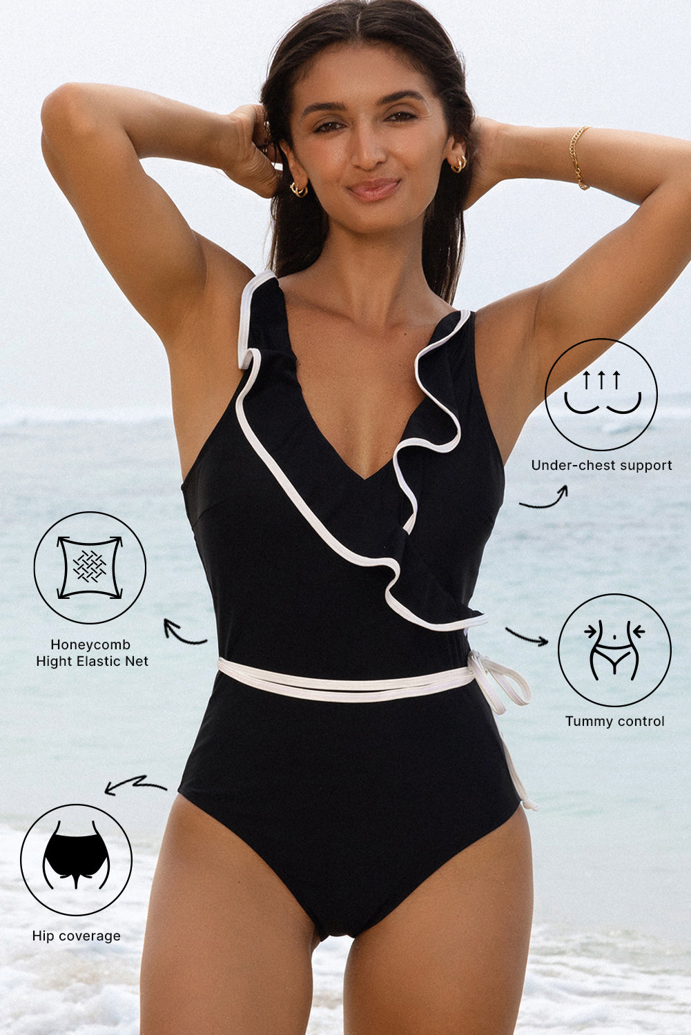 Black Color Contrast Ruffled Wrap V Neck Swimsuit - Snoopy's Closet