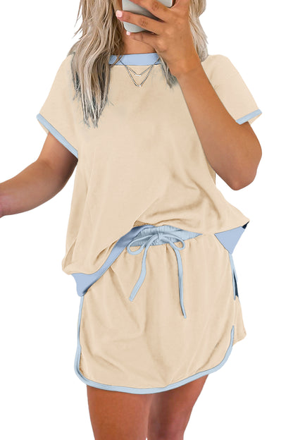 Apricot Colorblock Edge Drop Shoulder T Shirt and Skort 2Pcs Set