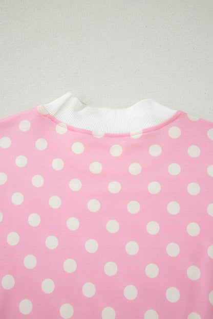 Sky Blue Polka Dot Print Color Block Trim Mock Neck Short Set - Snoopy's Closet