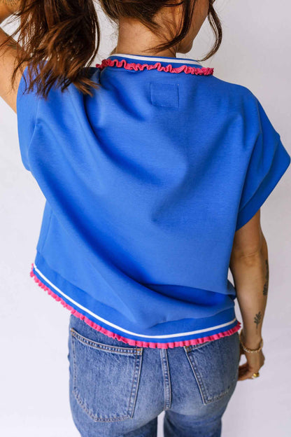 Sky Blue Contrast Frilled Trim Button Collared Short Sleeve Knit Top