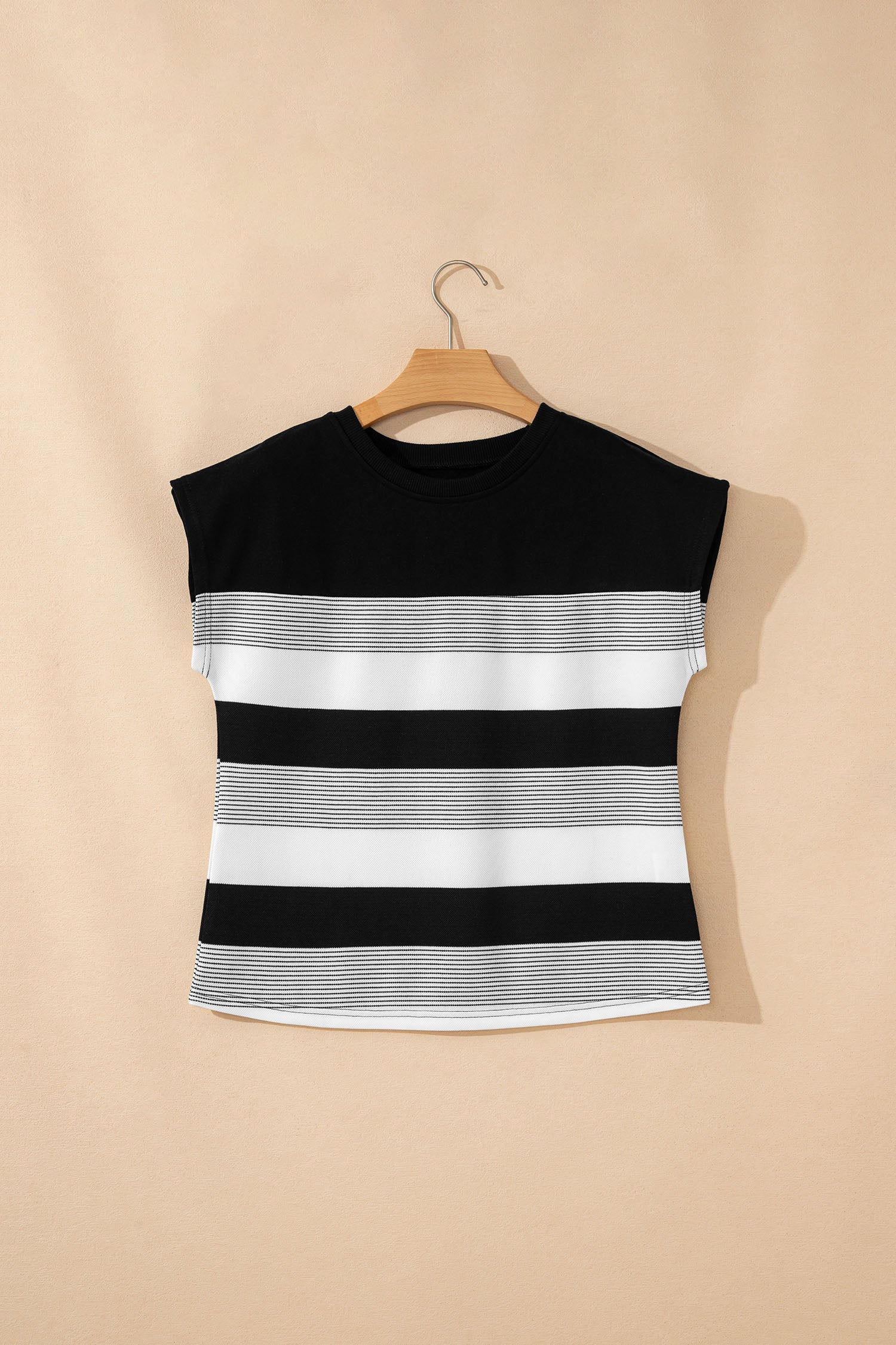 Black Stripe Mixed Print Crew Neck Cap Sleeve T Shirt - Snoopy's Closet