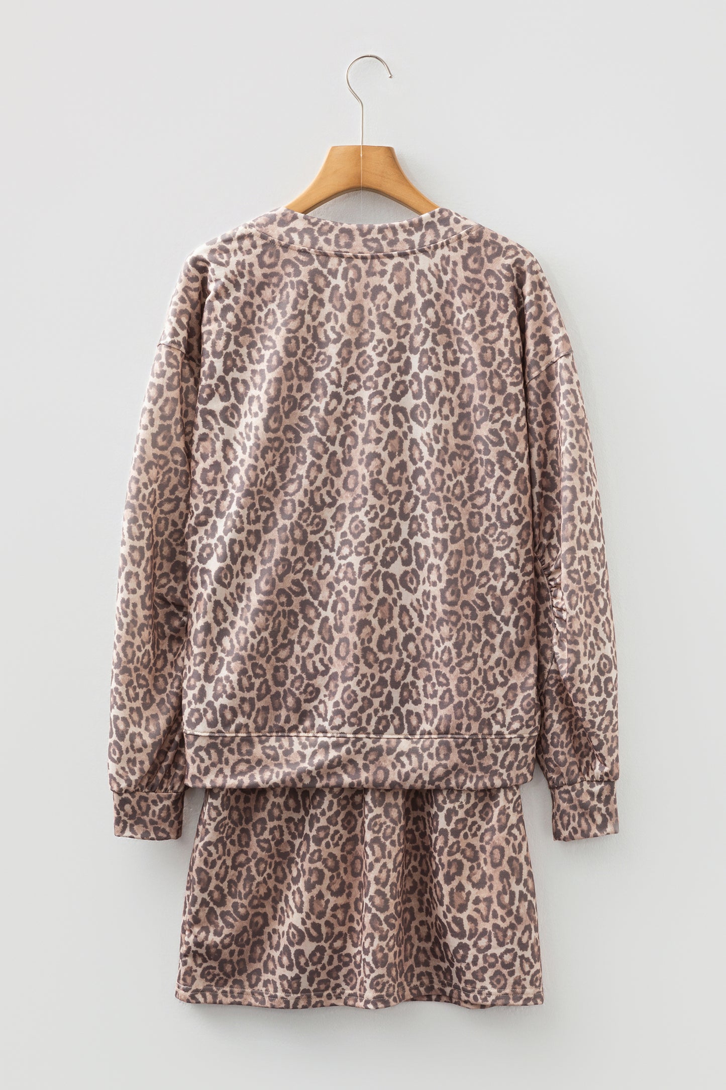 Light French Beige Leopard Print V Neck Pullover Mini Skirt 2pcs Set - Snoopy's Closet