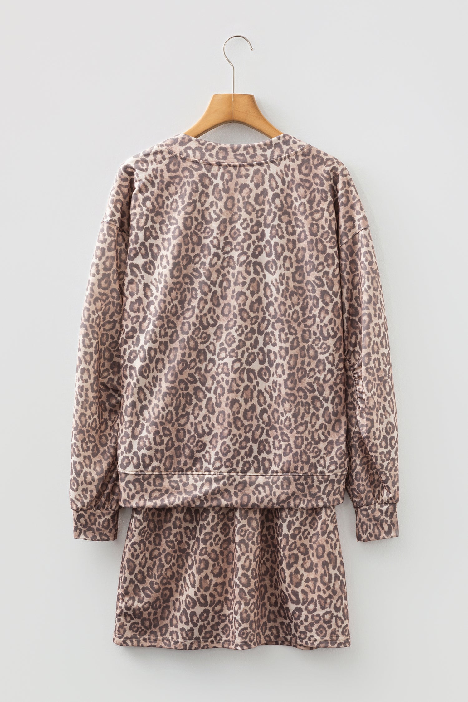 Light French Beige Leopard Print V Neck Pullover Mini Skirt 2pcs Set - Snoopy's Closet