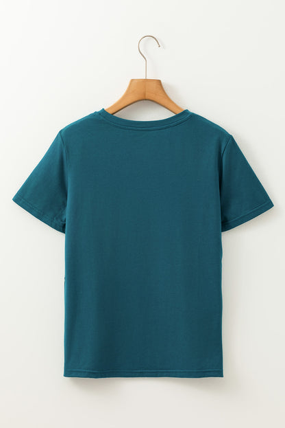 Blue Sapphire Solid Color Toothpick Stripe Round Neck T Shirt - Snoopy's Closet