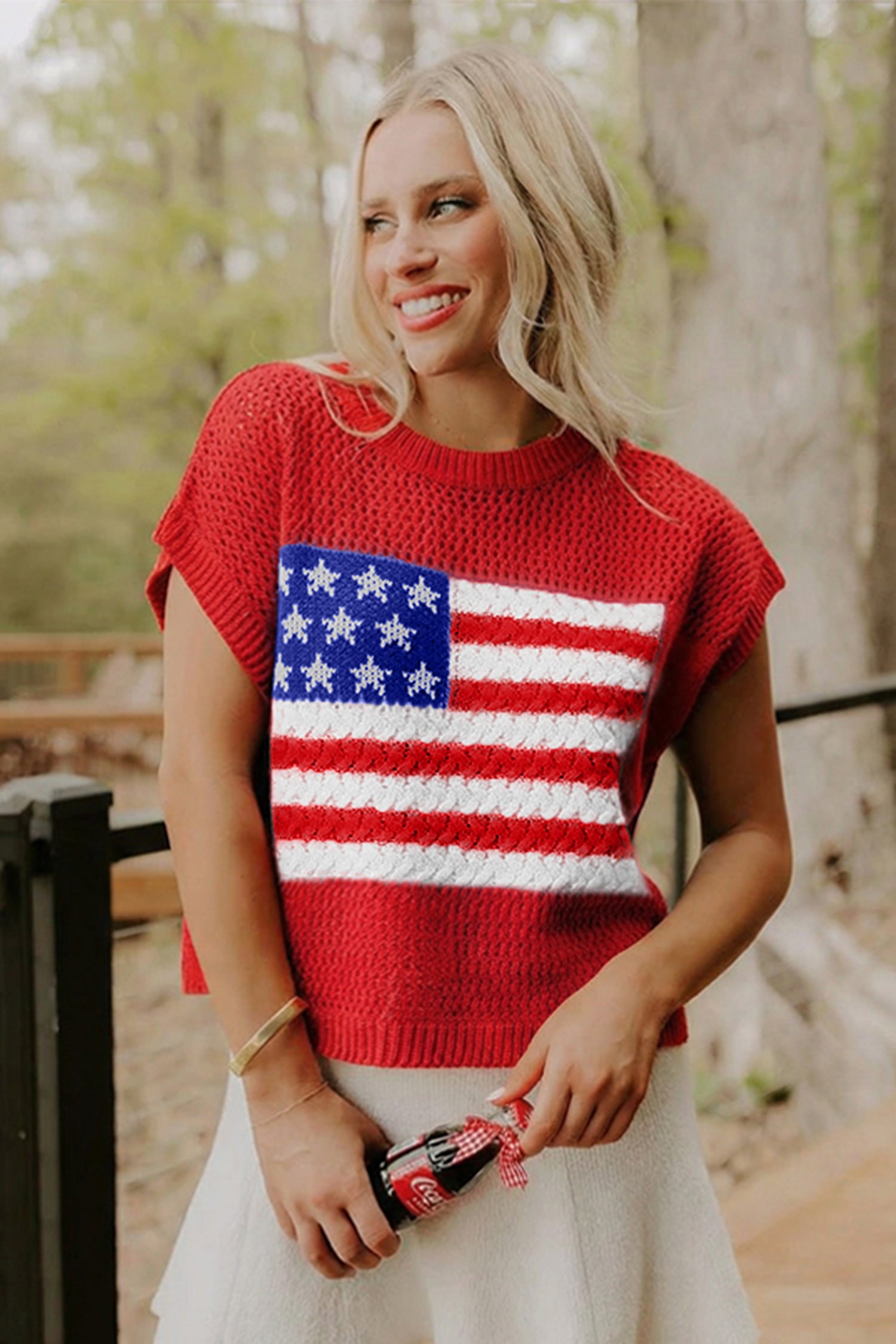 Fiery Red Flag Graphic Short Sleeve Sweater Top - Snoopy's Closet