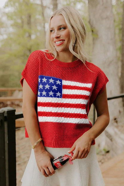 Fiery Red Flag Graphic Short Sleeve Sweater Top - Snoopy's Closet
