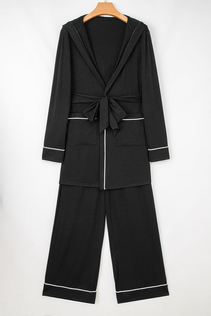 Black Contrast Trim Hooded Lounge Cardigan and Pants Set - Snoopy's Closet