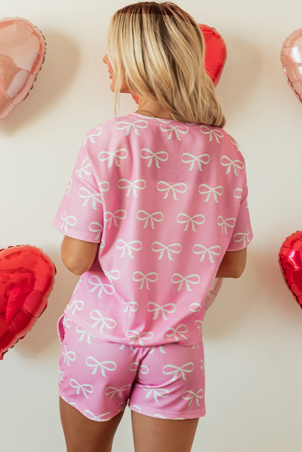 Pink Waffle Knit Bowknot Printed V Neck T Shirt and Shorts Set - Snoopy's Closet