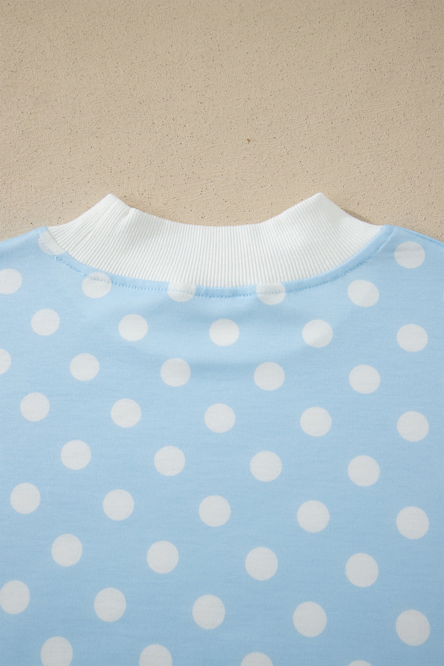Sky Blue Polka Dot Print Color Block Trim Mock Neck Short Set - Snoopy's Closet