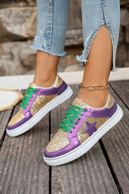 Tillandsia Purple Dearlove Glitter Star Patchwork PU Leather Lace-up Sneakers - Snoopy's Closet