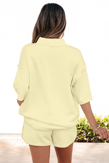 Moonlight Jade Solid Color Exposed Seam Mock Neck Oversize Tee Casual Shorts 2pcs Outfit - Snoopy's Closet