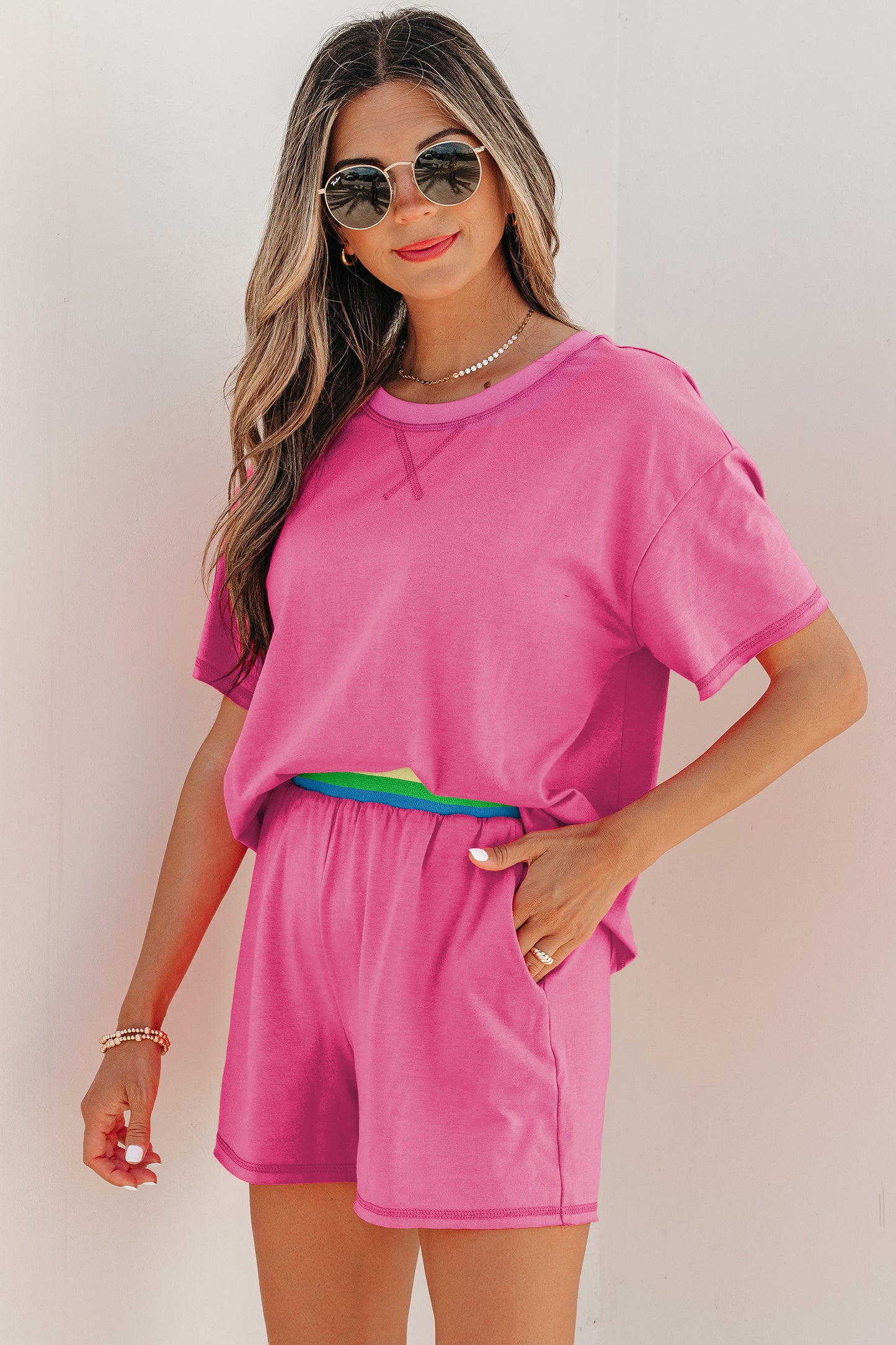 Bright Pink Seam Detail Raw Edge Tee Rainbow Waistband Casual Short Set - Snoopy's Closet