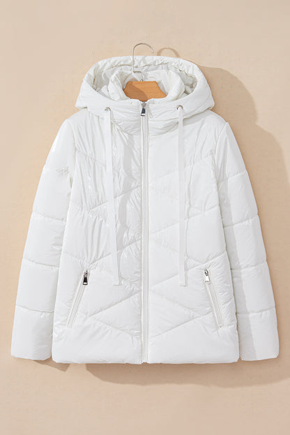 White Solid Quilted Hooded Zip Up Puffer Coat - Snoopy's Closet