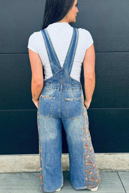 Peacock Blue Floral Patchwork Bib Denim Wide Leg Overalls - Snoopy's Closet