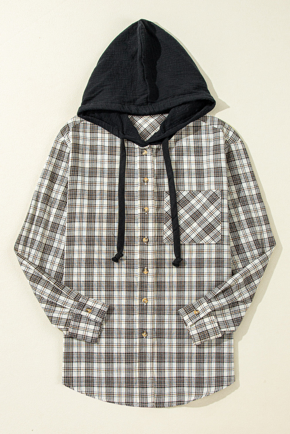 Camisa Chaqueta con Capucha, Estampado a Cuadros Negros, Corte Holgado y Botones