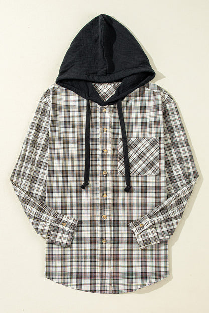 Camisa Chaqueta con Capucha, Estampado a Cuadros Negros, Corte Holgado y Botones