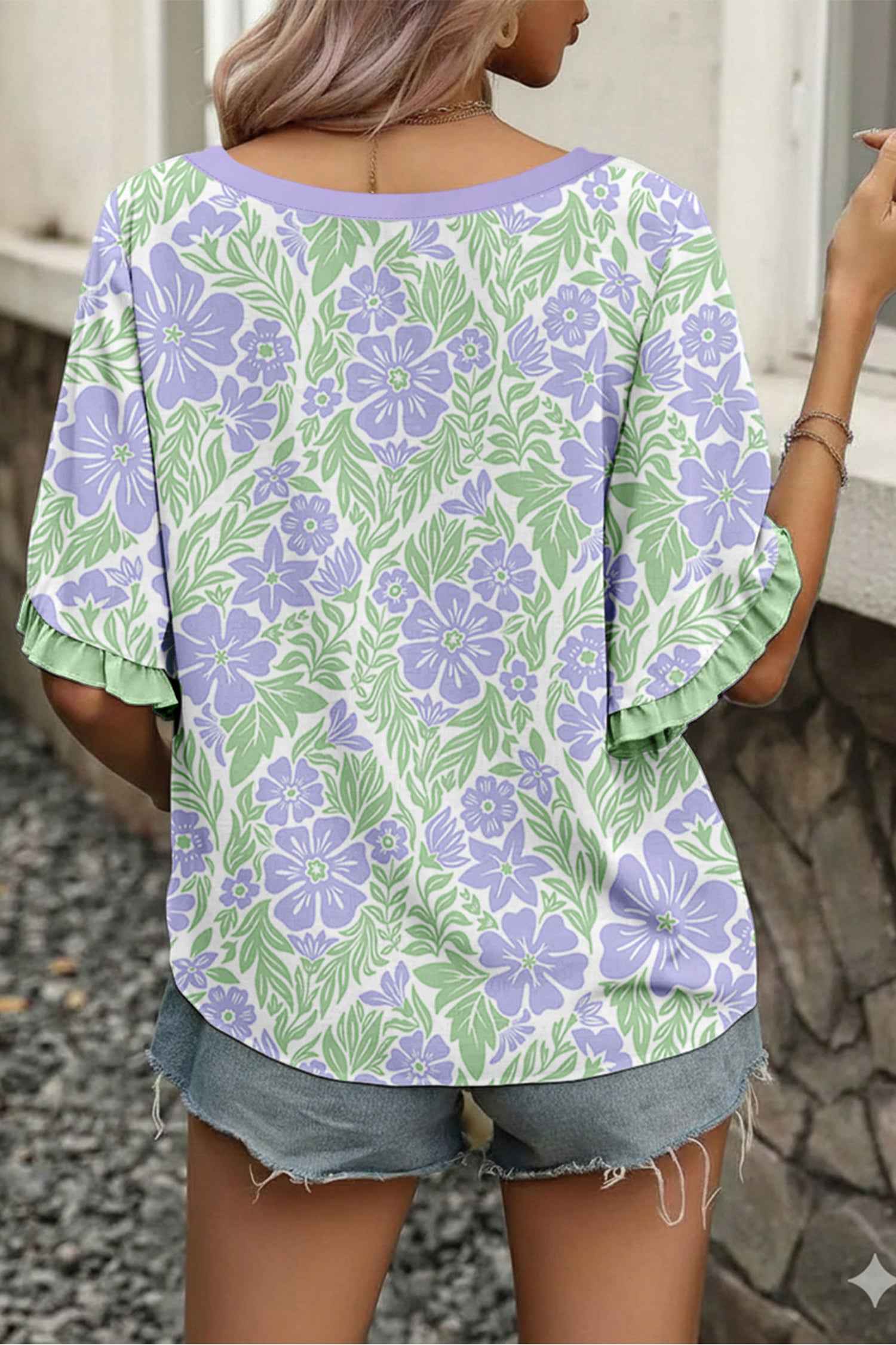 Sky Blue Floral Print Ruffled Color Block Trim Half Sleeve Blouse