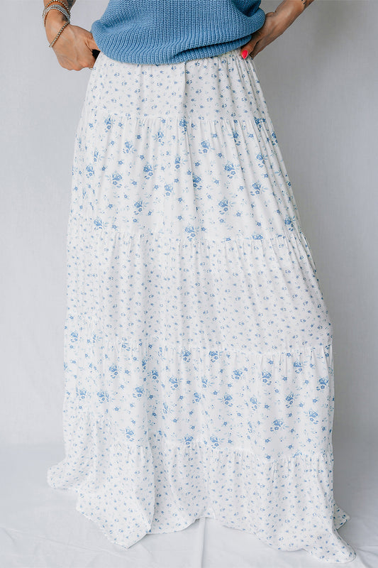 Falda larga bohemia de cintura alta azul cielo con estampado floral pequeño