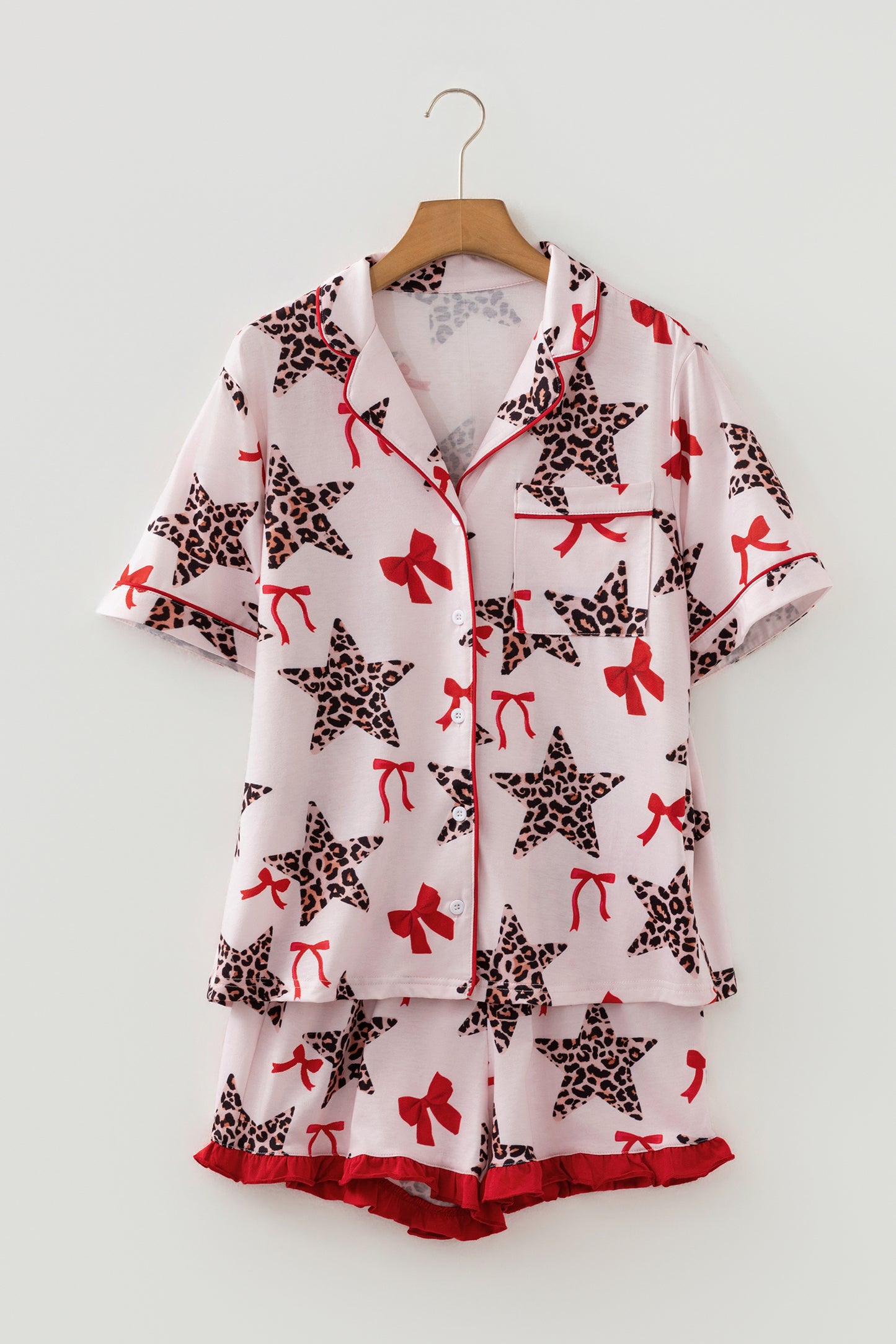 White Leopard Star Ribbon Bow Print Contrast Trim Short Pajama Set - Snoopy's Closet