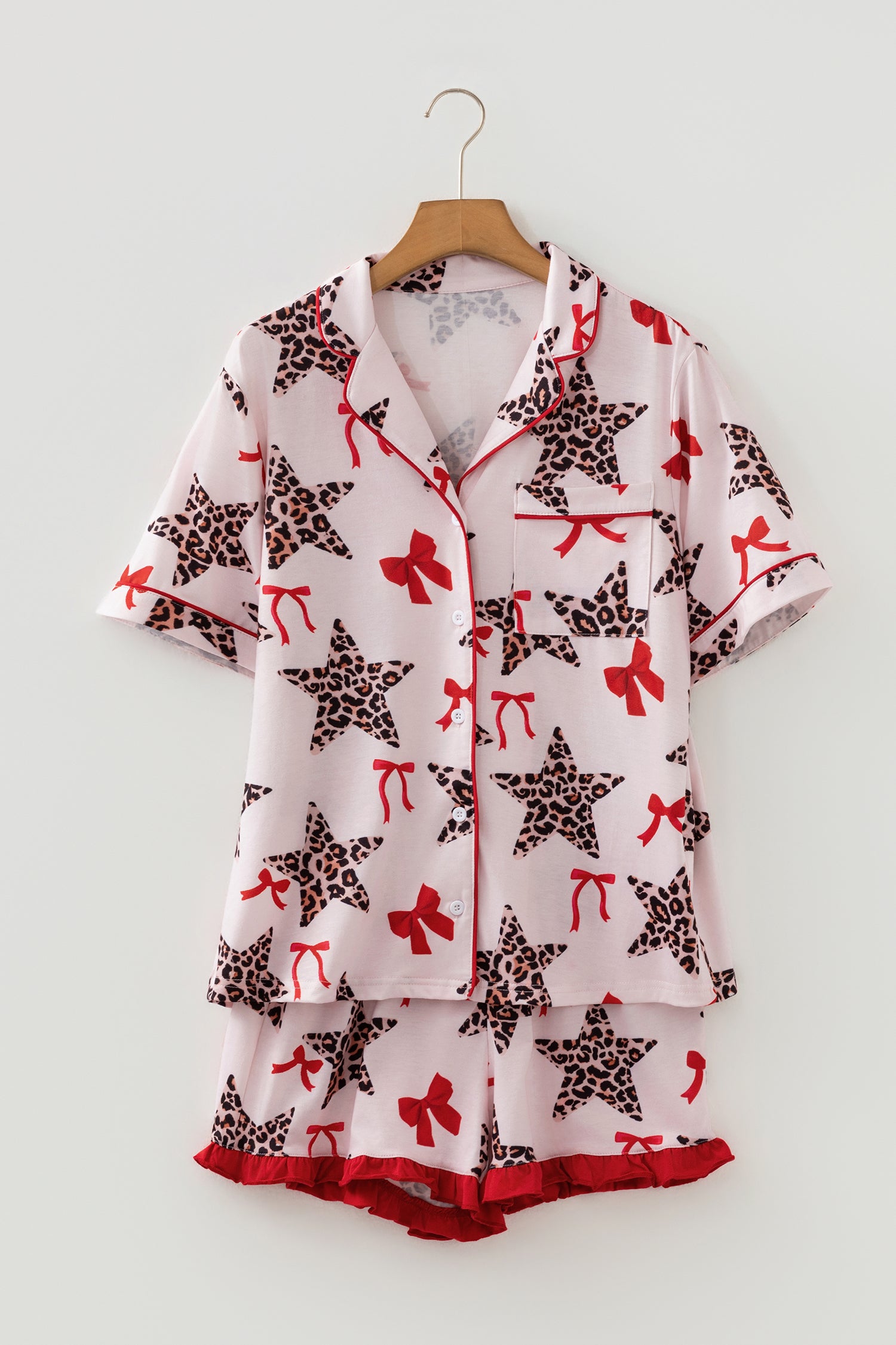 White Leopard Star Ribbon Bow Print Contrast Trim Short Pajama Set - Snoopy's Closet