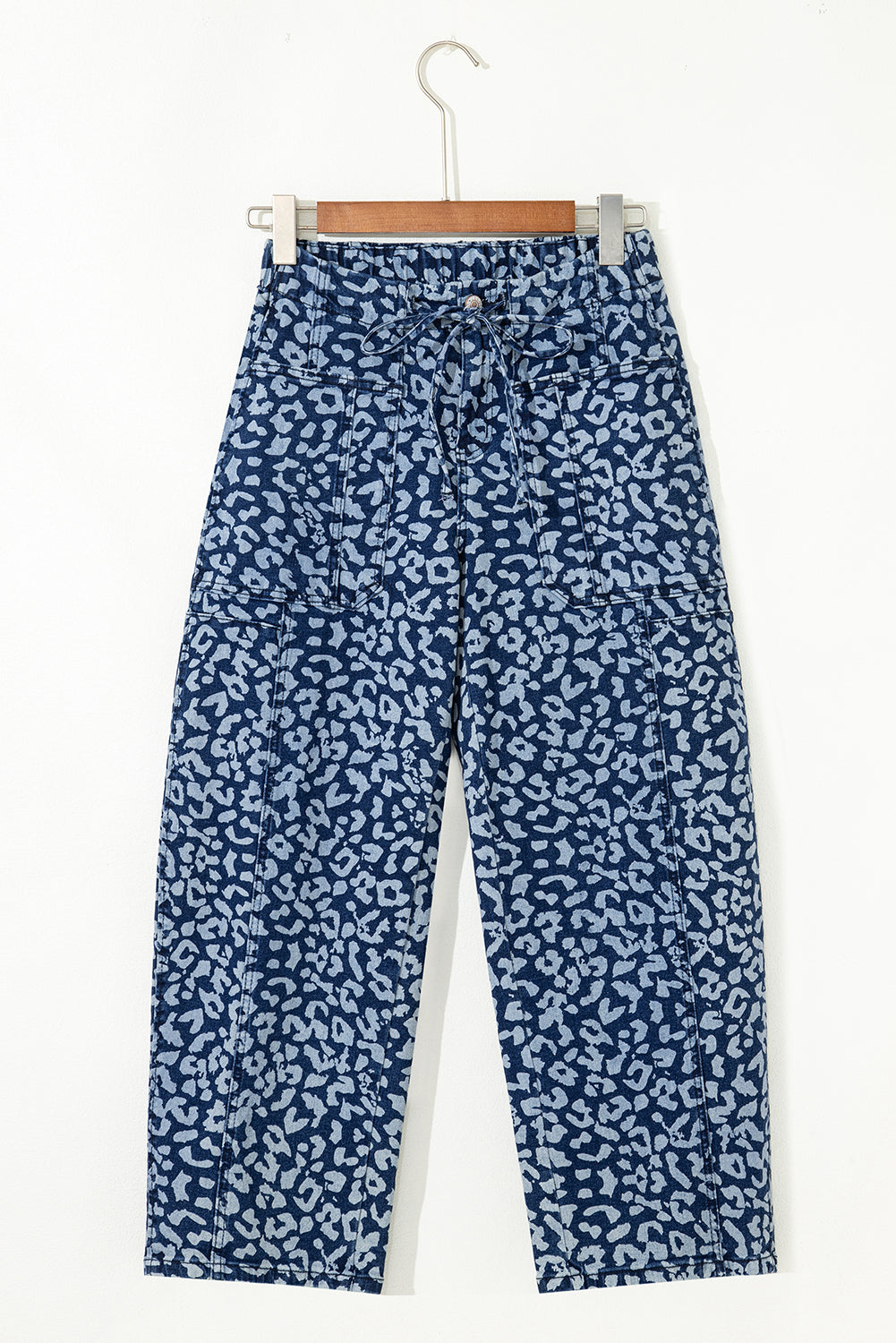 Khaki Leopard Printed Drawstring Elastic Waistband Pocketed Barrel Jeans - Snoopy's Closet