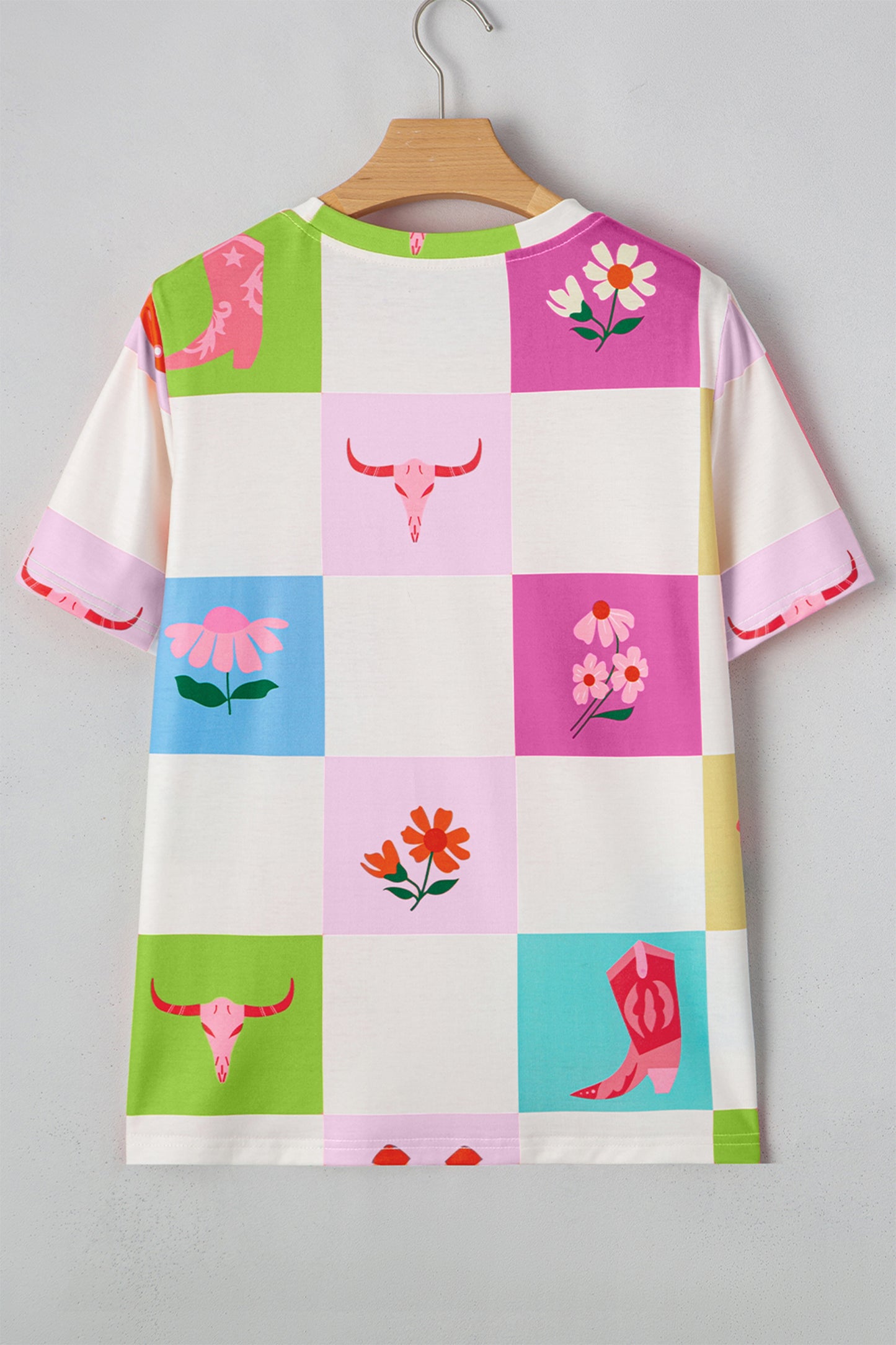 Purple Western Fashion Checker Print Crewneck T Shirt - Snoopy's Closet