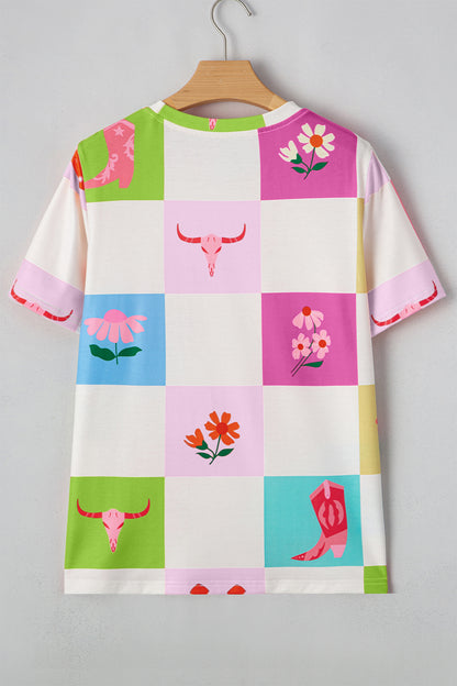 Purple Western Fashion Checker Print Crewneck T Shirt - Snoopy's Closet
