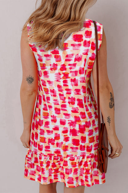 Vestido Mini Sin Mangas con Volantes en el Cuello y Estampado Abstracto Rosa