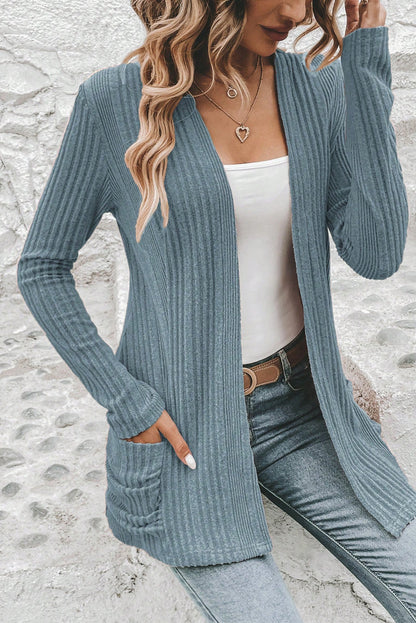 Stone Blue Ribbed Open Front Knitted Top with Pockets - Snoopy's Closet
