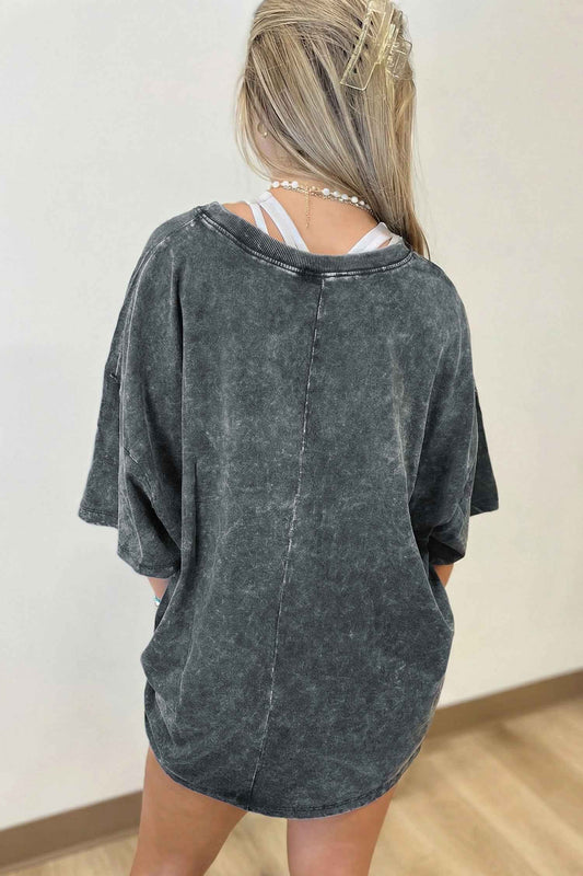 Dark Grey Solid Color Cotton Mineral Washed Oversize Tee