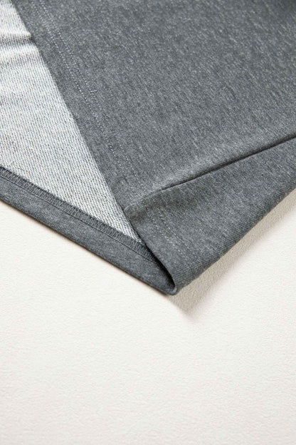 Carbon Grey Denim Color Block Patchwork Shirt Collar Short Sleeve Blouse