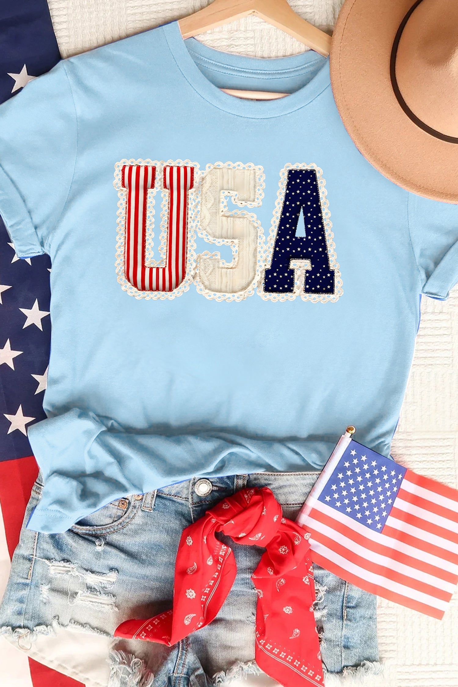 Light Blue USA Patriotic Printed T Shirt
