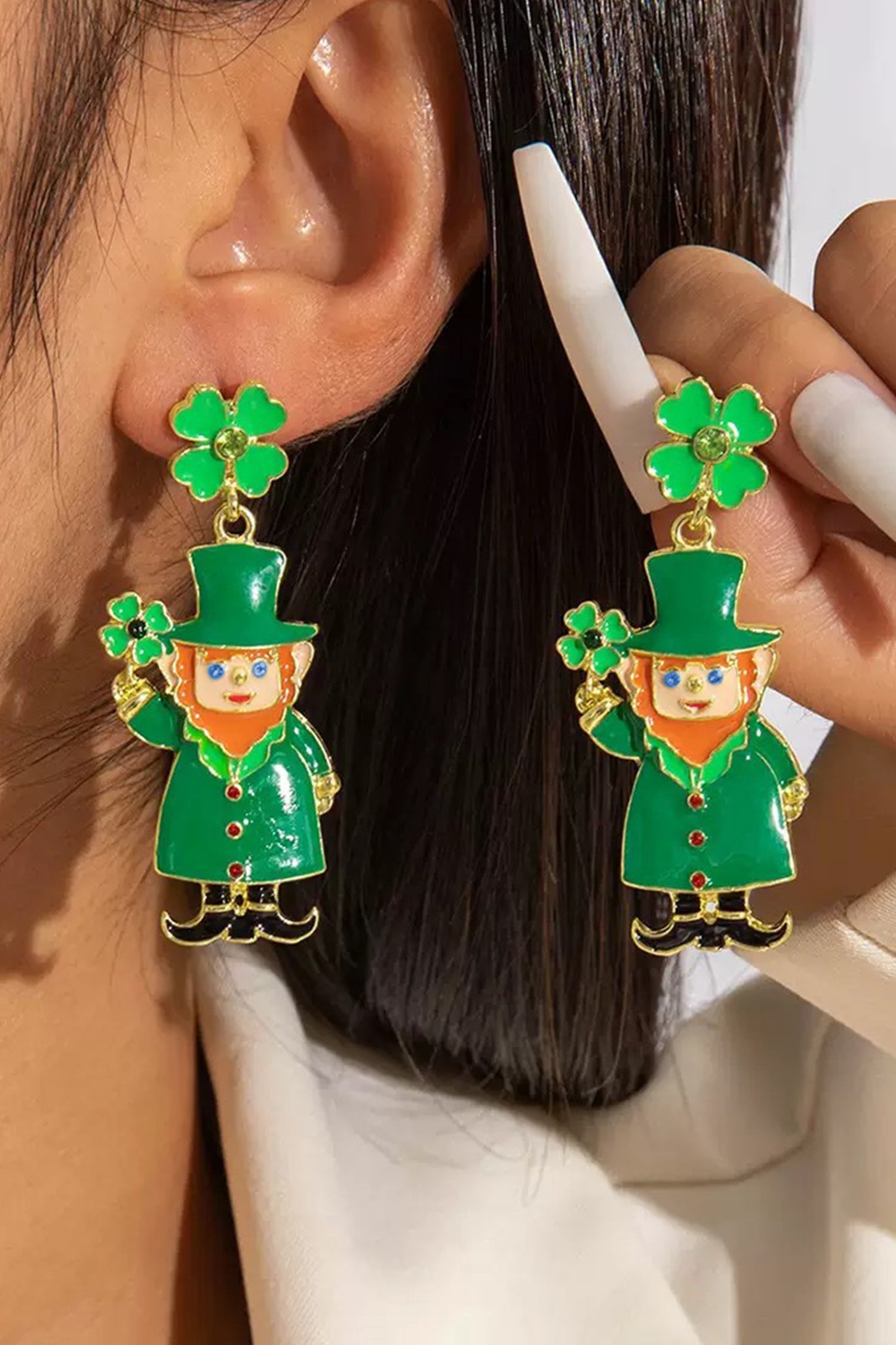 Dark Green St Patricks Day Enameled Leprechaun Drop Earrings - Snoopy's Closet
