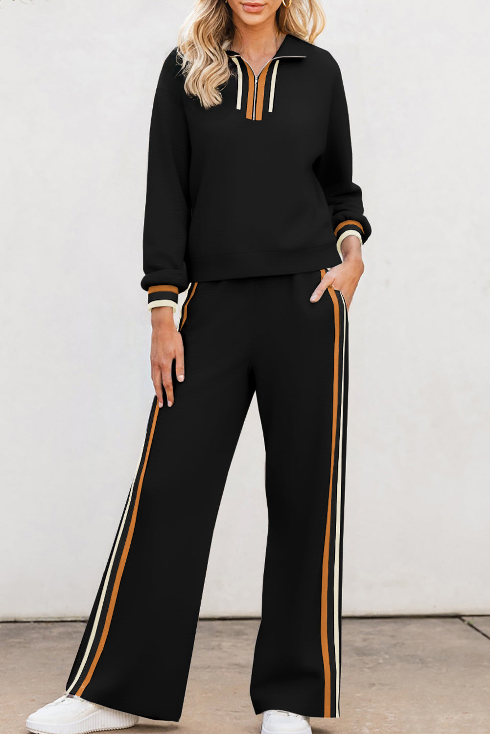 Gray Striped Patchwork Quarter Zip Pullover Loose Pant Set - Snoopy's Closet