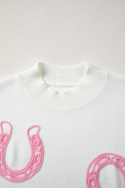 White Corded Horseshoes Ribbed Trim Mock Neck Short Sleeve Sweater