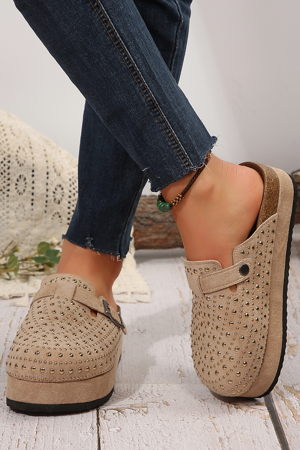Parchment Rivet Buckle Closed Toe Platform Slippers - Snoopy's Closet