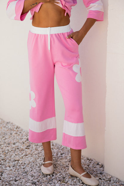 Orchid Bouquet Big Flower Patched Raw Seam Color Block 2 Piece Loose Pant Set - Snoopy's Closet