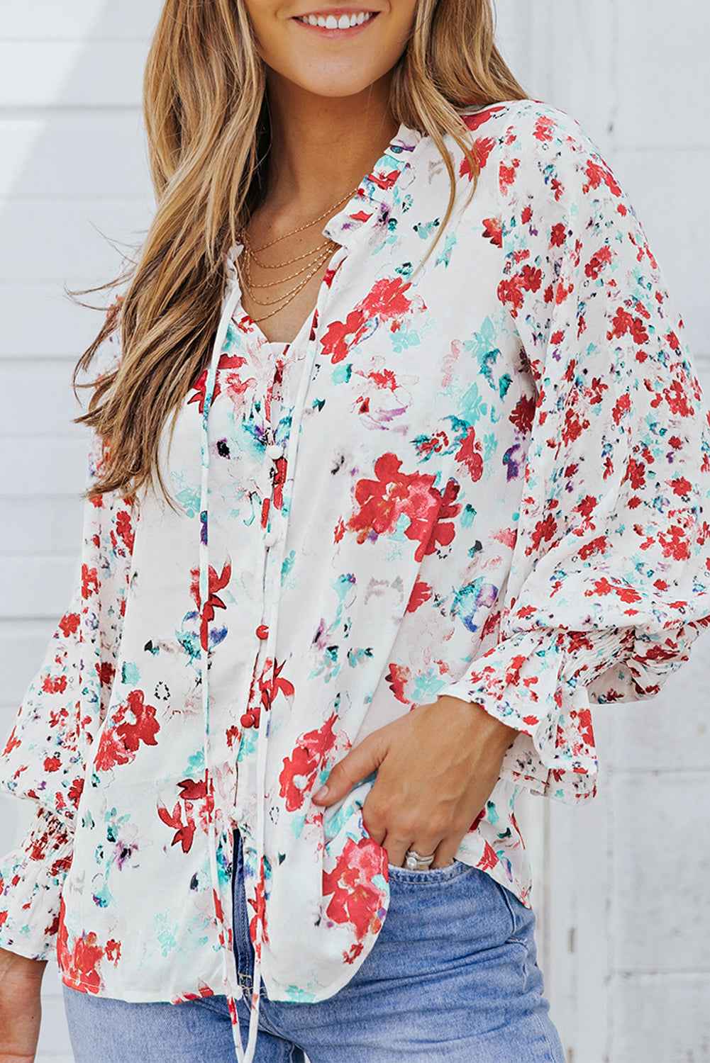 Blue Cakewalk Floral Smocked Blouse