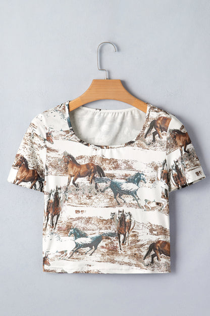 White Western Galloping Horses Printed Slim Fit T Shirt - Snoopy's Closet