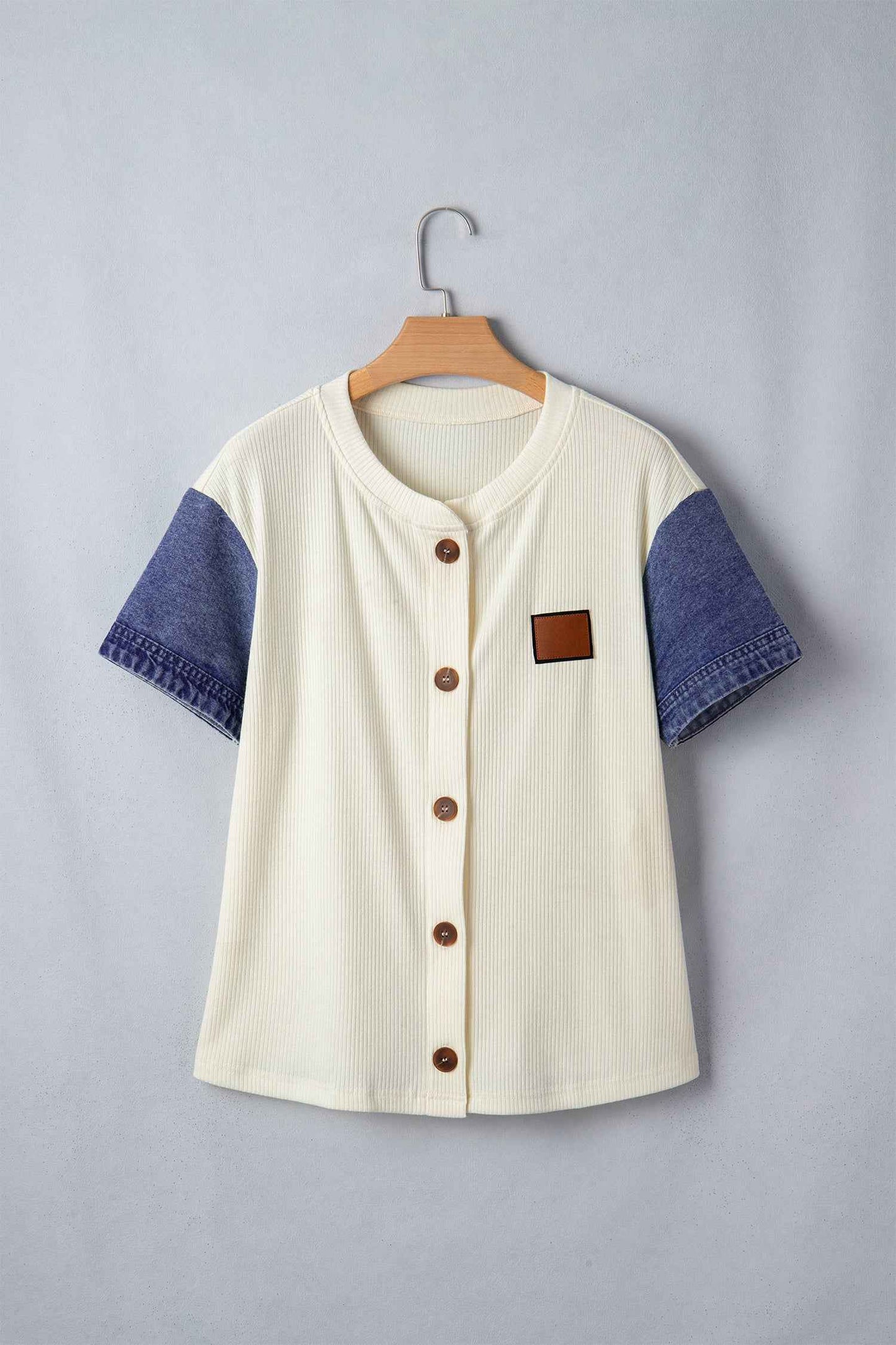 Beige Denim Patchwork Short Sleeve Ribbed Shirt