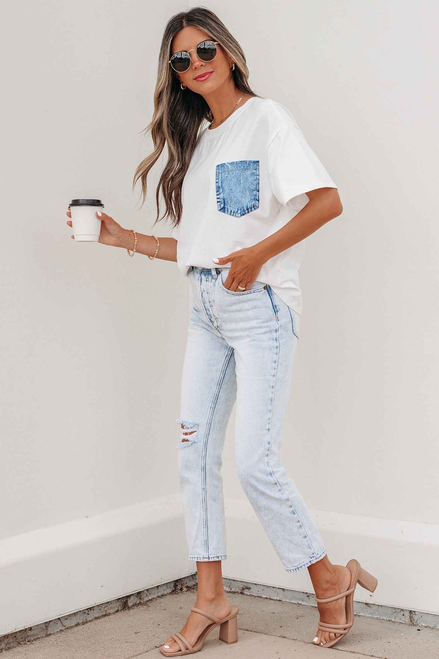 White Color Block Chest Pocket Patched Casual Short Sleeve Top