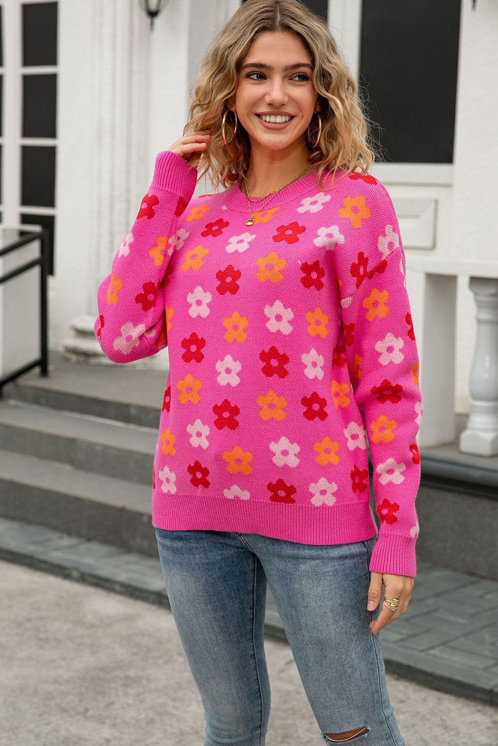 Rose Cute Flower Allover Ribbed Trimmed Drop Shoulder Pullover Sweater