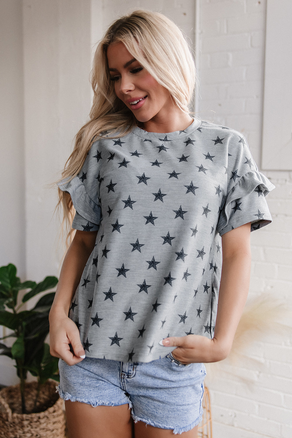 Gray Star Print Tiered Ruffled Sleeve Crew Neck T Shirt - Snoopy's Closet
