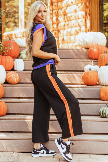 Black Color Block Detail Casual Two-piece Outfit - Snoopy's Closet