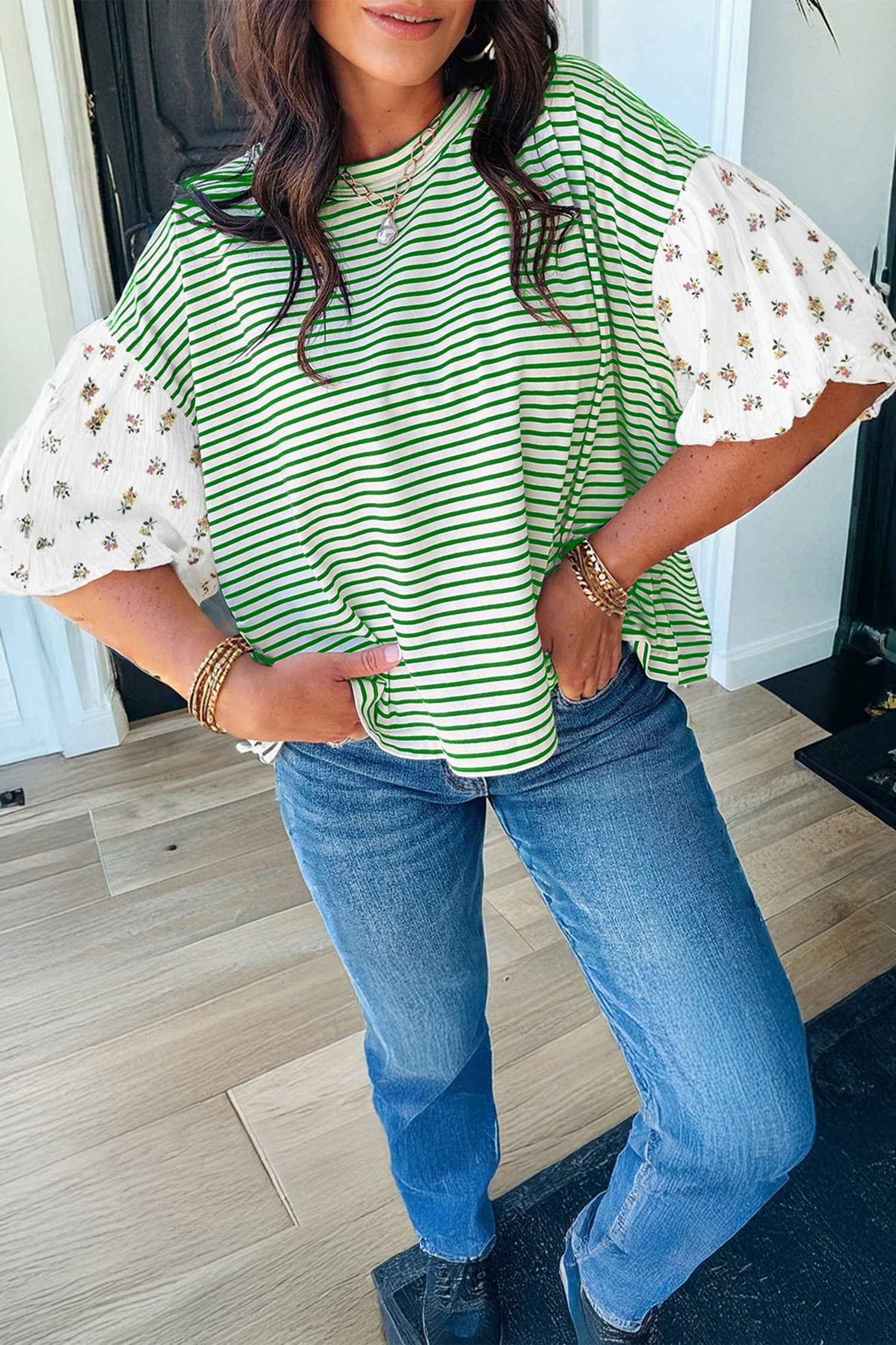 Red Stripe Floral Puff Sleeve Patchwork Round Neck Loose Top